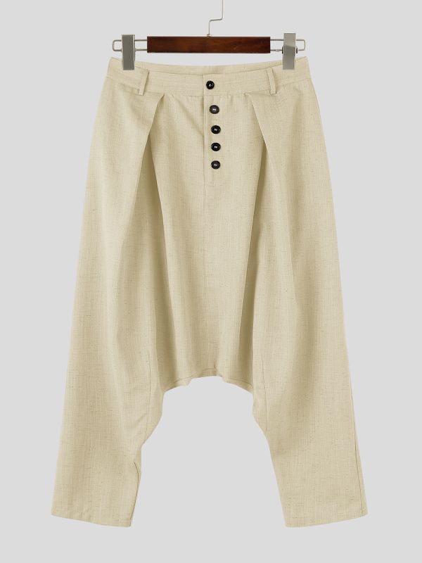 Men's Avant-Garde Low Drop Crotch Button Fly Deep Pleated Ankle Length Harem Pant SKUL84002