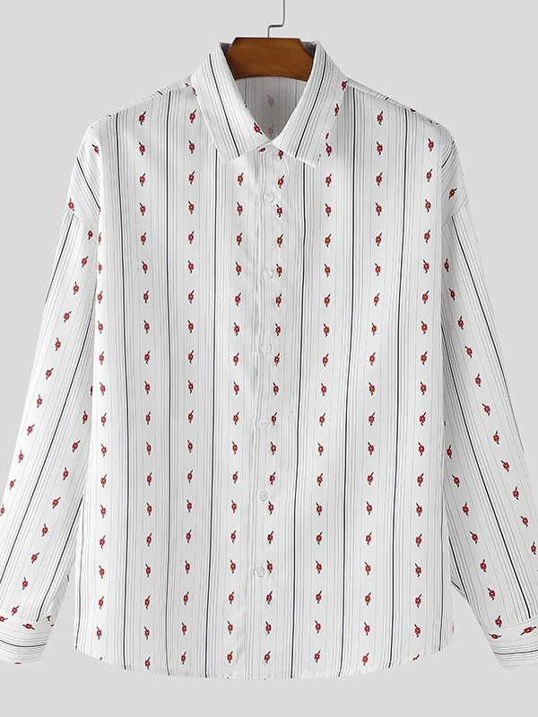 Men's Small Floral Dot Fine Stripe Long Sleeve Shirt SKUL43826