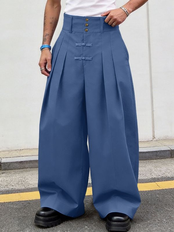 Men's Solid Color Frog Button Design Loose Long Pant SKUL60117