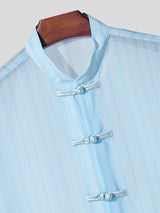 Men's Avant-Garde Neo-Chinese Sheer Striped Cropped Frog-Button Shirt SKUL63172