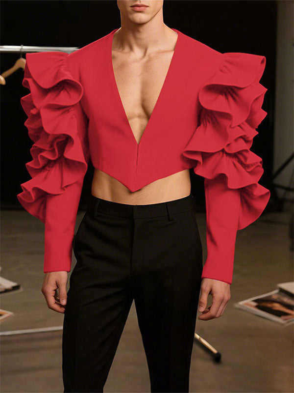 Men's Ruffle Patchwork V-Neck Cropped Long Sleeve Blazer SKUL27265
