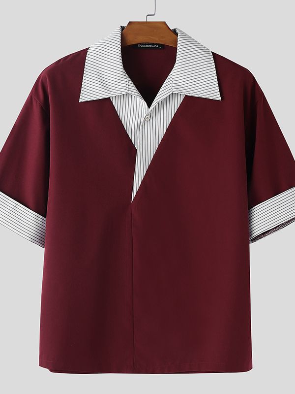 Men's Stripe Patchwork Short Sleeve Shirt SKUL47772