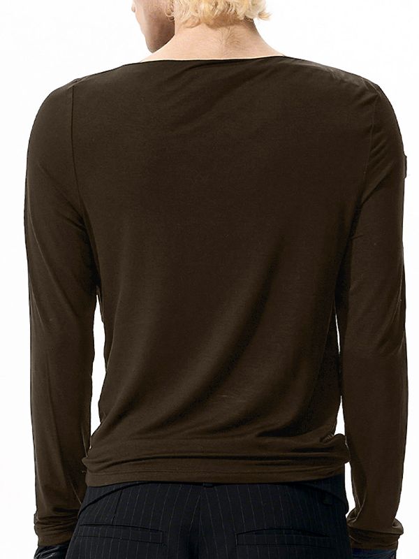 Men's Solid Color Leather Buckle Patchwork Long Sleeve T-shirt SKUL42293