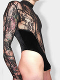 Mens Lace Velvet Patchwork Long Sleeve Bodysuit SKUK41745