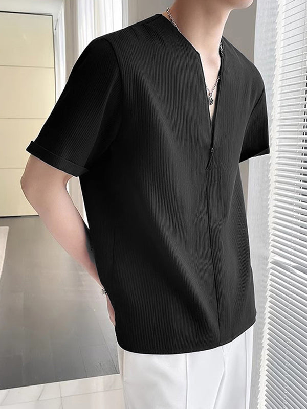 Mens Solid Notched Neck Short Sleeve T-Shirt SKUK63649