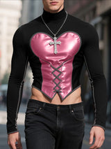 Men's Heart Color Block Drawstring Cropped Long Sleeve T Shirt SKUL30338