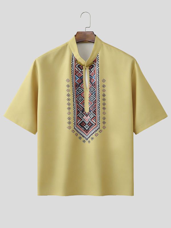 Men's Modern Neo-Chinese Ethnic Geometric Print Deconstructed Keyhole Stand Collar Short Sleeve Shirt SKUL60994