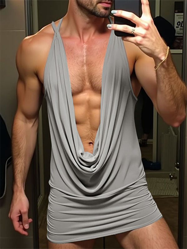 Mens Solid Color Cowl Neck Semi-Sheer Tank SKUL12390