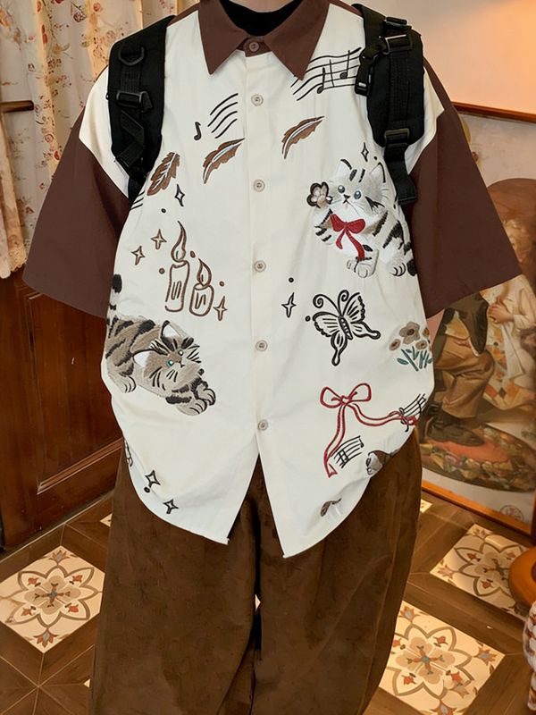 Men's Vintage Japanese Cityboy Cat Graphic Contrast Stitching Short Sleeve Shirt SKUL63833