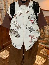 Men's Vintage Japanese Cityboy Cat Graphic Contrast Stitching Short Sleeve Shirt SKUL63833