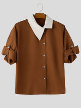 Men's Avant-Garde Asymmetrical Contrast Collar Diagonal Placket Roll-Up Sleeve Shirt SKUL76404