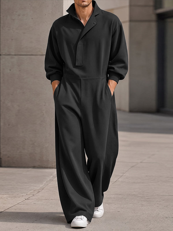 [Pre-order] Men's Chill Minimalist City Walk Asymmetric Slanted Placket Wide-Leg Jumpsuit SKUL88546