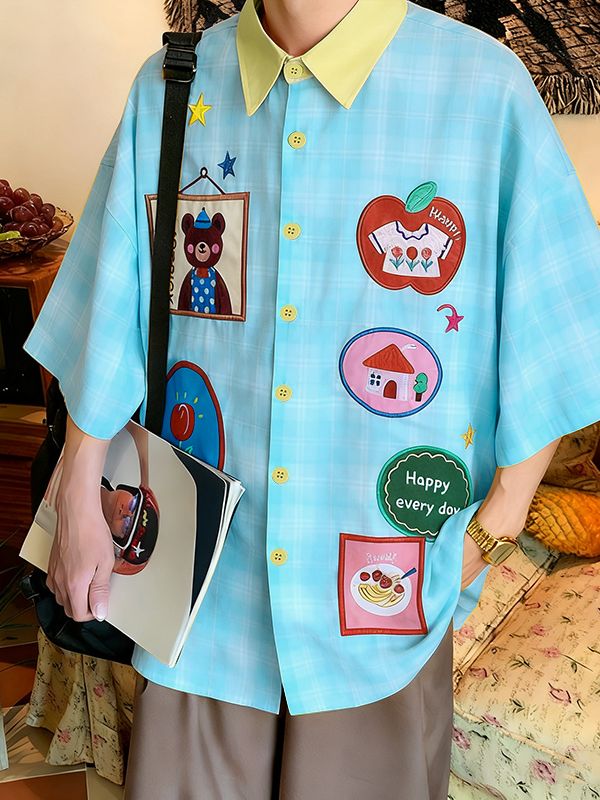 Men's Cartoon Print Plaid Half Sleeve Shirt SKUL45986