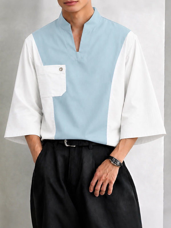 [Pre-order] Men's Zen Minimalist Art Exhibition Colorblock Notch V-Neck Half Sleeve Shirt SKUL88417