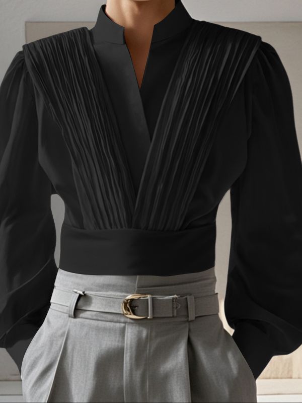 Men's Solid Color Pleated Long Sleeve Shirt SKUL43552