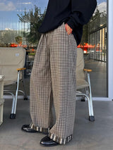 Men's Vintage Cityboy Gingham Plaid Contrast Layered Cuff Baggy Wide-Leg Pant SKUL69700