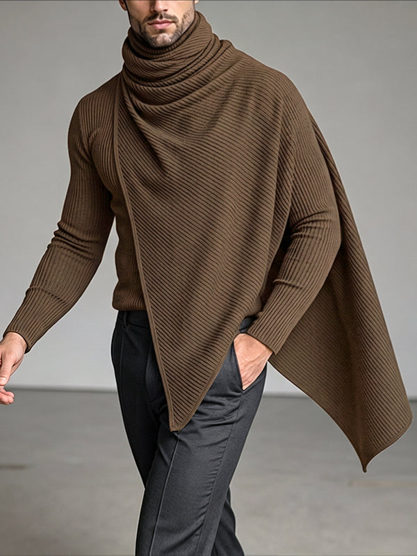 Men's Early Autumn Structural Asymmetrical Cowl-Cape Draped Ribbed Knit Sweater SKUL80476