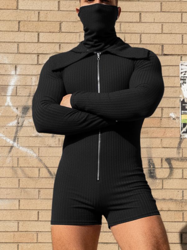 Men's Knitted Textured Lapel Zipper Long Sleeve Bodysuit SKUL45147