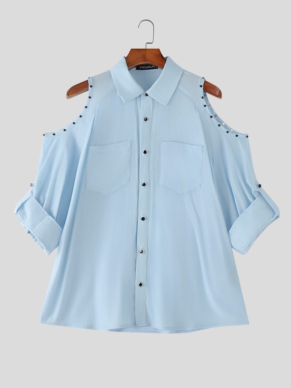 Men's Avant-Garde Riveted Cold-Shoulder Utility Short Sleeve Shirt SKUL54737