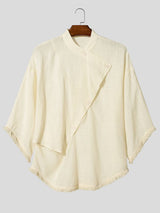 Men's Modern Chinese Zen Aesthetic Asymmetric Slant Button Raw Hem Short Sleeve Shirt SKUL71271