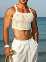 Men's Beach Resort Crochet Mesh Square Neck Fit Cropped Tank SKUL70320