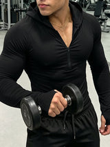 Men's Muscle Bodybuilding Gym Workout Deep Zipper Neck Form-Fitting Hoodie SKUL84617
