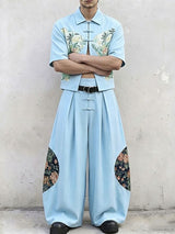 Men's Avant-Garde New Chinese Style Floral Patchwork Frog Button Deconstructed Two Pieces Outfit SKUL62042