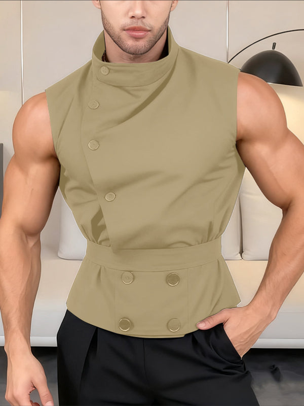 Men's Solid Button Stand Collar Sleeveless Shirt SKUL40117