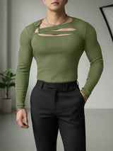 Men's Textured Knit Hollow Out Long Sleeve T-shirt SKUL48601