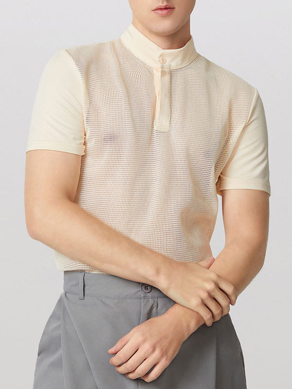 Mens Hollow-Out Mesh Patchwork Short Sleeve T-Shirt SKUL03639