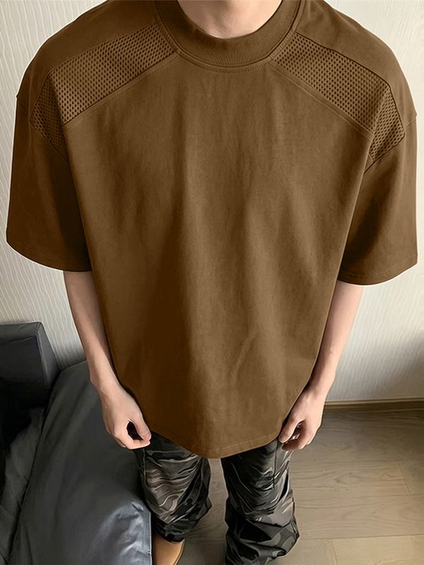 Men's Techwear Shoulder Mesh Panel Mock Neck Short Sleeve T-Shirt SKUL68988