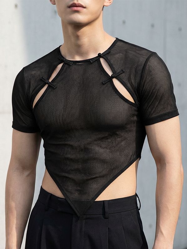 Men's Avant-Garde New Chinese Style Sheer Mesh Frog Button Pointed Hem T-shirt SKUL59967