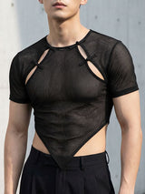 Men's Avant-Garde New Chinese Style Sheer Mesh Frog Button Pointed Hem T-shirt SKUL59967