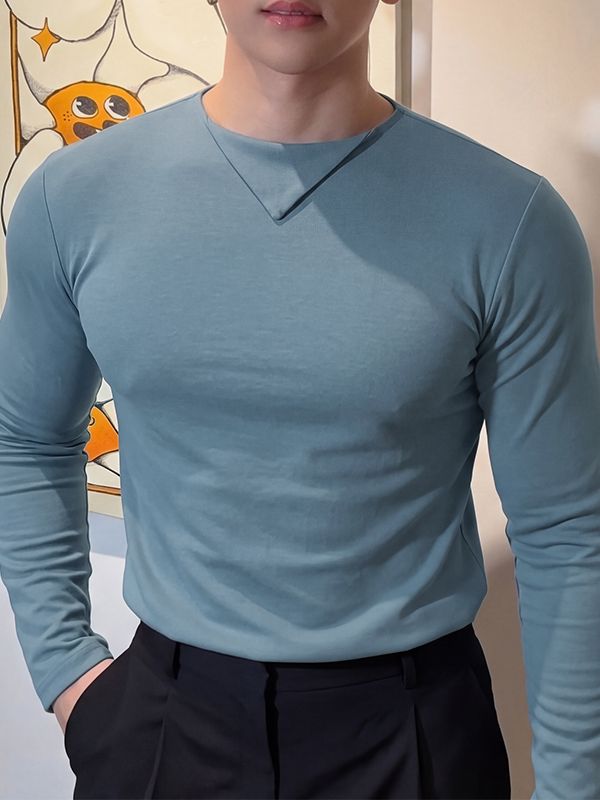Men's Korean Minimalist City Date Asymmetric Fold-Over Collar Slim-Fit T-shirt SKUL84569
