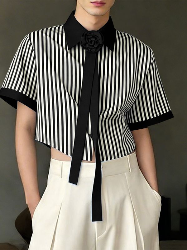 Men's Avant-Garde Cropped Pinstripe 3D Rose Necktie Shirt SKUL55388