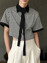 Men's Avant-Garde Cropped Pinstripe 3D Rose Necktie Shirt SKUL55388