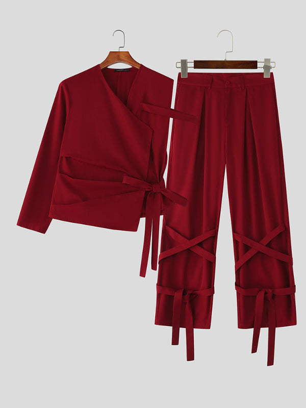 Men's Solid Color Tie Casual Two Pieces Outfit SKUL25825