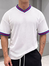 Men's Retro Athletic Mesh Breathable Contrast Striped Trim V-Neck T-shirt SKUL73695