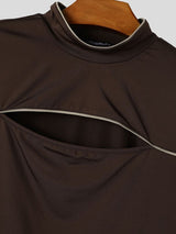Men's Avant-Garde Darkwear Nightclub Party Chest Cut-Out Contrast Trim Mock Neck T-shirt SKUL86042