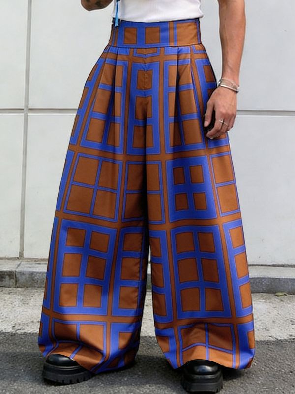 Men's Avant-Garde Graphic Grid Pattern High-Waisted Wide-Leg Pant SKUL61663