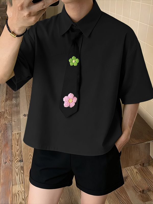 Men's 3D Floral Decor Tie Short Sleeve Shirt SKUL41498