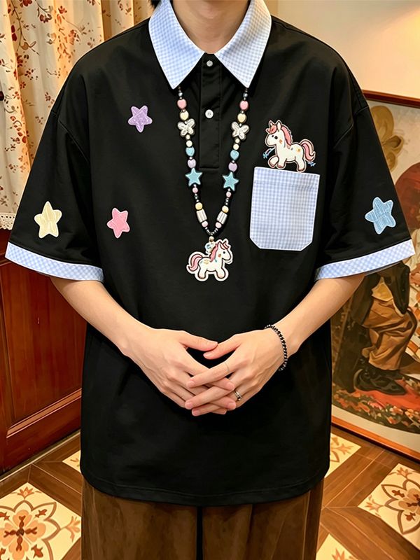 Men's Preppy Playful Unicorn Print Contrast Checked Polo Shirt SKUL70204