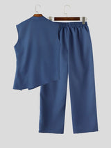 Men's Avant-Garde Casual Asymmetrical Diagonal Button Two Pieces Outfit SKUL74879