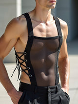 Mens Solid Color Sheer Mesh Drawstring Bodysuit SKUL13027