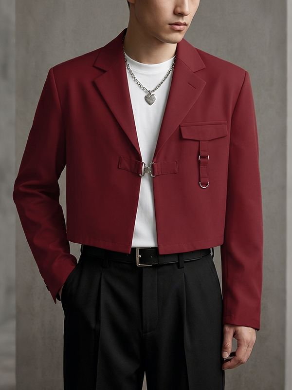 Men's Avant-Garde High Street Tactical Buckle Cropped Structured Blazer SKUL73644