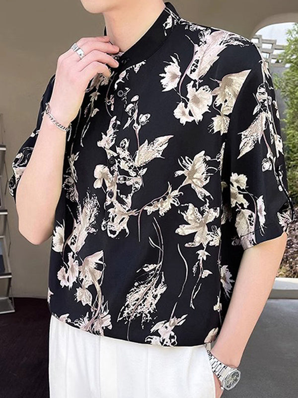 Mens Floral Print Stand Collar Half Sleeve Shirt SKUK63610