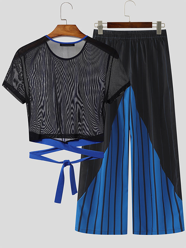 Men's Striped Sheer Mesh Cropped Two Pieces Outfit SKUL23456