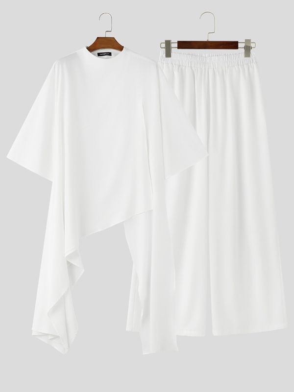 Men's Avant-Garde Minimalist Mock Neck Asymmetrical Draped Two Pieces Outfit SKUL73622