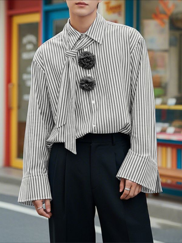 Men's 3D Floral Patchwork Striped Long Sleeve Shirt SKUL48616