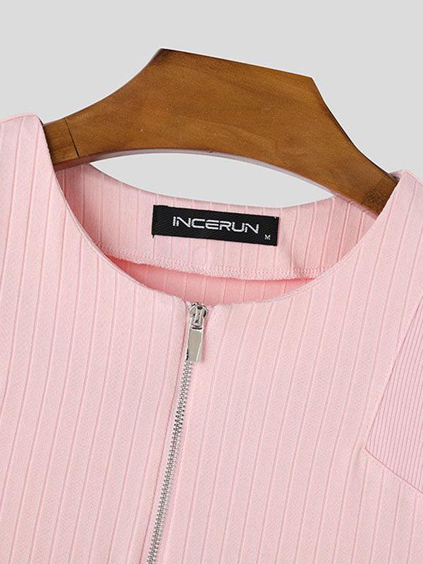 Mens Solid Color Half-Zip Short Sleeve T-Shirt SKUK98843